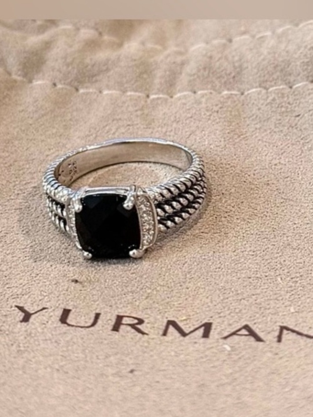 David Yurman Sterling Silver Black Onyx & Diamond Wheaton Ring Size 7.5